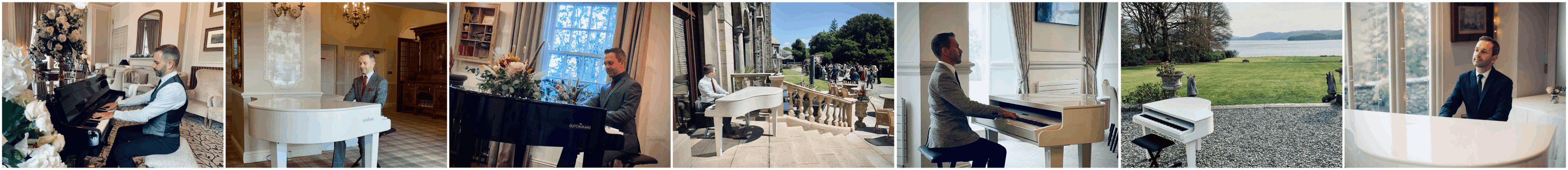 a banner of photos of The Wedding Pianist playing piano at various Lake District wedding venues